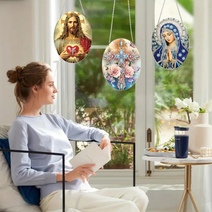 MaiYiYi 3 PCS Religious Series Virgin Mary Jesus Diamond Painting Hanging Pendant Kit, Special Gem Acrylic Cross Diamond Art Painting Ornaments Window Pendants for Adult Home Wall Art Decor