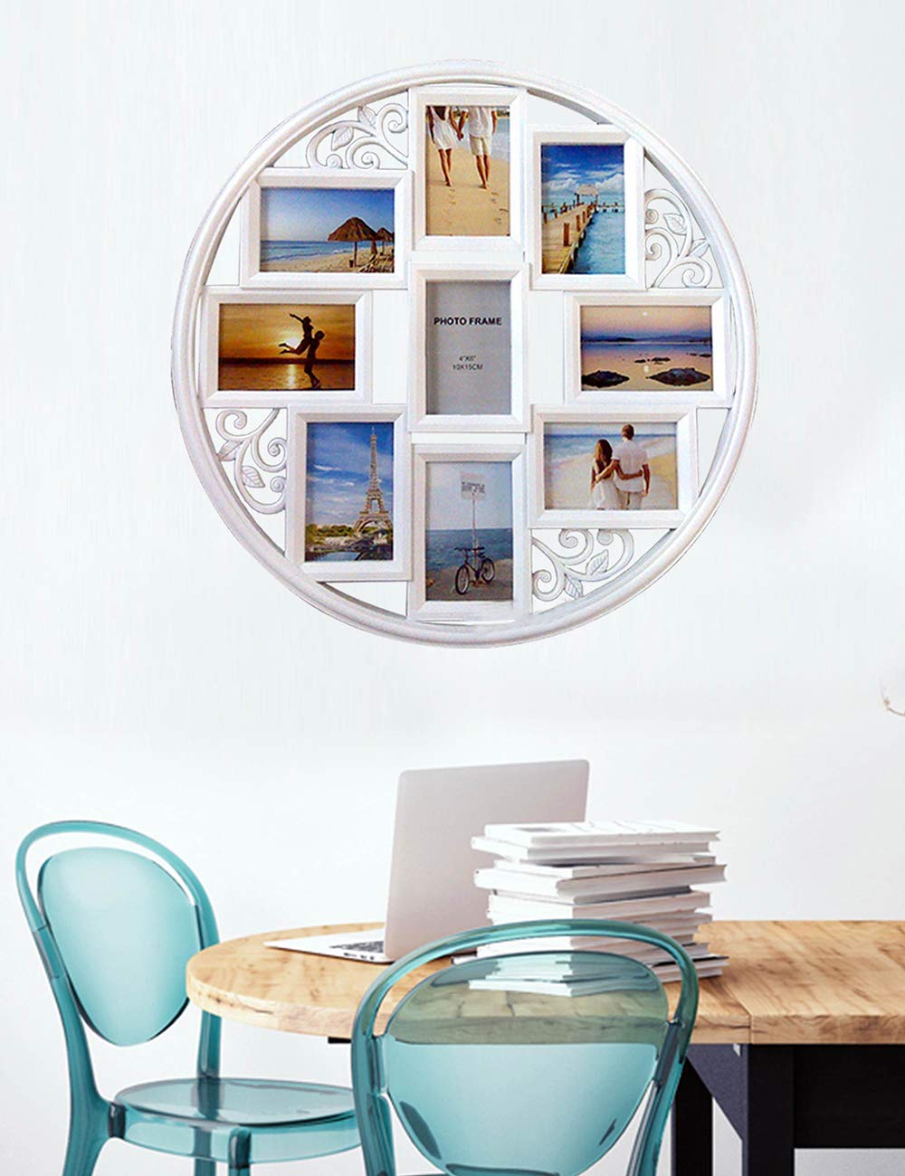 MKUN 4x6 Wall Collage Picture Frames - Round Circular Wall hanging Picture Photo Collage Frame with leaf decoration, 9- Opening (White)