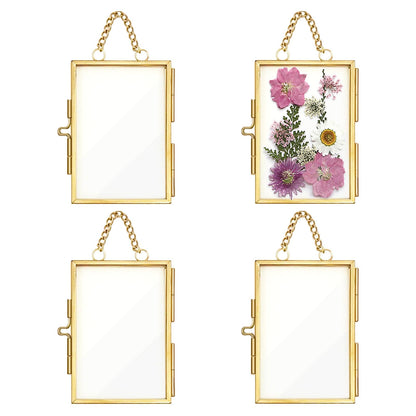 4Pcs Double Glass Frame for Pressed Flowers, 2x3 inch Picture Frame Mini Brass Wall Hanging Photo Floating Frame with Chain for Plant Specimen Artwork Display Home Wall Decor (Gold, Vertical)