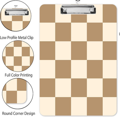 Fashion A4 Clipboard, Standard Letter Size 9" x 12.5", Decorative Wooden Clipboard with Low Profile Metal Clip for Office, School, Teachers, and Students, Coffee Checkered