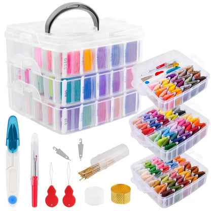 Fabpop 190 Pack Embroidery Floss Thread Kit Including 150 Colors Cross Stitch Sewing Thread with 40 Pcs Embroidery Accessories and 3-Tier Transparent Embroidery Thread Storage Organizer Box