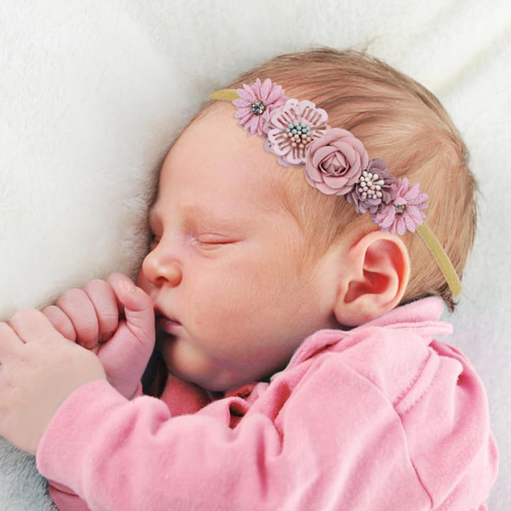 Cinaci 4pcs Dusty Pink Soft Nursery Newborn Baby Receiving Swaddle Blanket with Matching Turban Hat Bow Headbands Floral Nylon Headbands for Baby Girls Newborn Infants