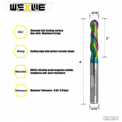 WEXWE Tools Extra Long Ball Nose Carbide End Mill, CNC Cutting Tools for Aluminum Cutting,Wood Cutting, More Wear Resistant, Suit for 3D Carving & Engraving. 2 Flute Router Bits (5/16-4" 1pcs