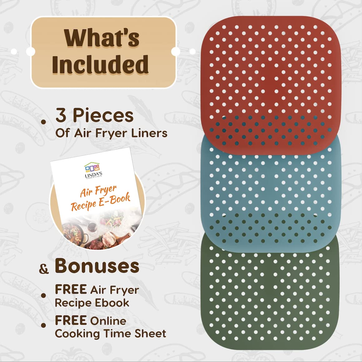 Reusable Square Silicone Air Fryer Liners (8.5 Inch, 3 Pack) by Linda’s Essentials - Non-Stick, Easy-Clean Accessories with Cheat Sheet & Recipe Book, Perfect for Quick Meals