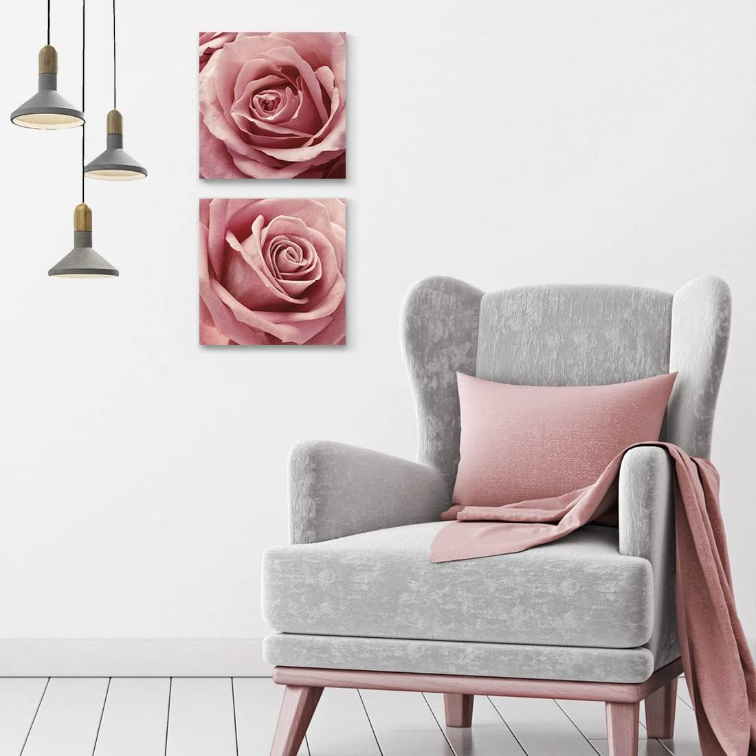 Gardenia Art Pink Rose Close Up Canvas Wall Art, 2 Piece Blush Pink Floral Paintings for Living Room or Office 12"x12"