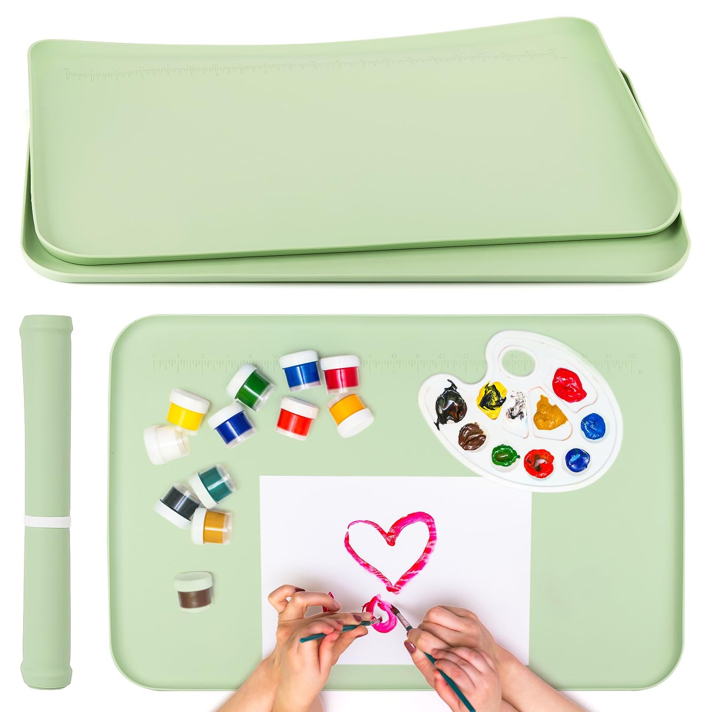 acDesign 2Pcs Silicone Painting Mat with Raised Edge 24" x 16" Waterproof Non-Slip Silicone Craft Mat for Painting, Clay，Jewelry-Making，Green