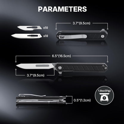 Tops Home Mini Folding Scalpel – Slim G10 Handle with Back Clip, Liner Lock Pocket Knife for Crafts, Utility Box Cutter, Includes 20 Replaceable Blades (#24 & #60) (Black)