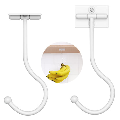 Josmimic Modern Banana Hanger Hook Under Cabinet: Adhesive Banana Holder, Foldable with Magnets When Not in Use, Under Counter Banana Hook, Stainless, Hold 13 LB, White, 2 Pack