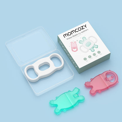Momcozy Baby Teether Toys, Water Fillable Silicone Cold Baby Teething Toys Chill Teether, Baby Water Teether for Teething Relief 0-12 Months, Green and Pink 2 Pcs