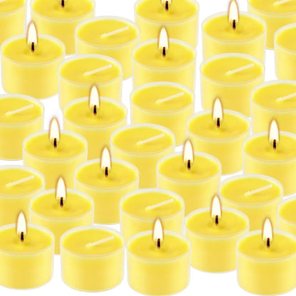100 Pack Clear Tea Lights Candles Bulk, Summer Citronella Candle Outdoor and Indoor, for Birthday Emergency Home Garden(8 Hour, Yellow)