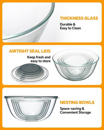 Glass Mixing Bowls Set by [Brand Name] - 5-Piece Thick Glass Nesting Bowls with Lids | Safe for Dishwasher, Microwave & Freezer
