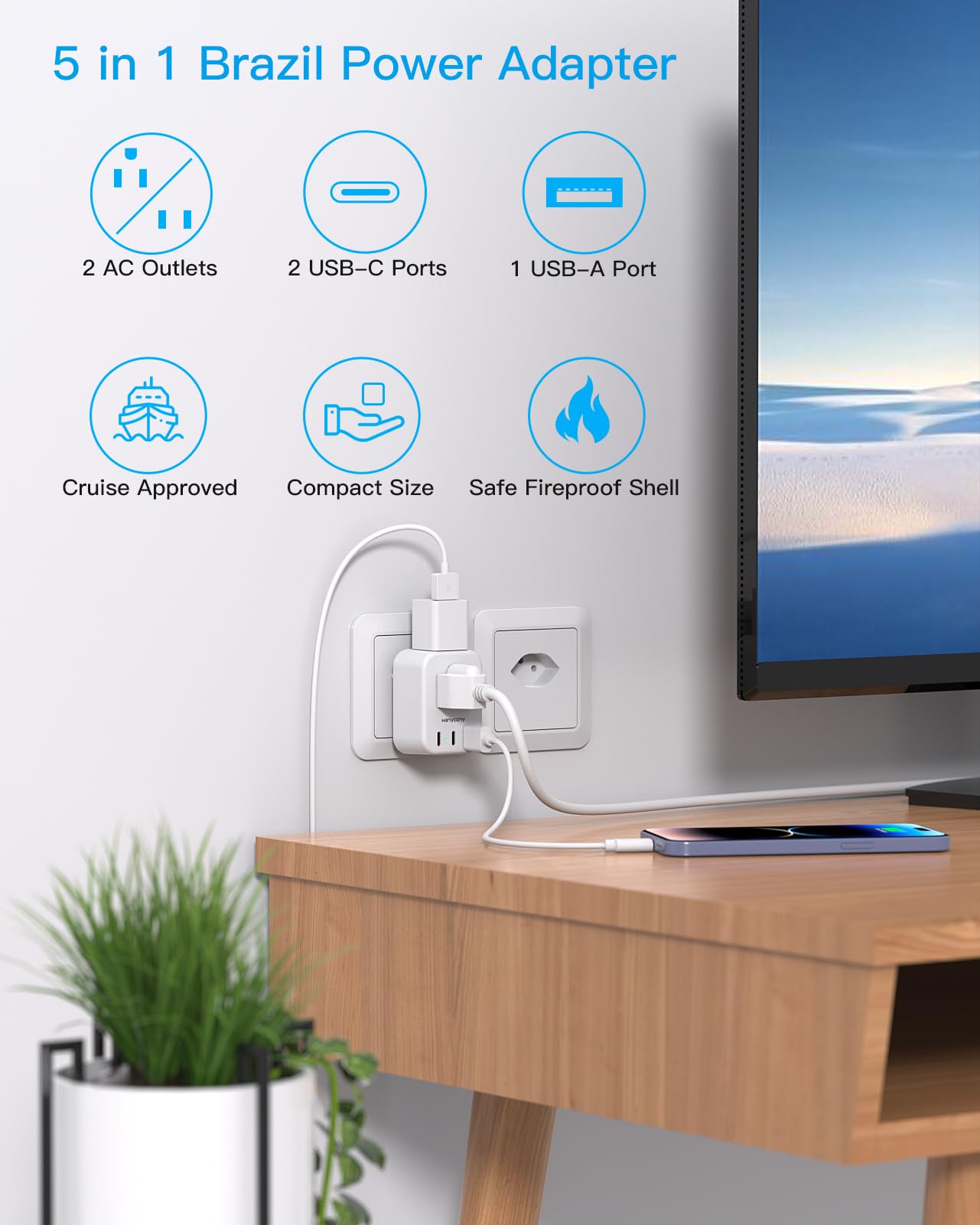 South Africa Travel Plug Adapter, HANYCONY Type M Power Adapter with 2 AC Outlets 3 USB Ports(2 USB C) for US to South Africa Botswana Namibia India Nepal Bhutan Sri Lanka