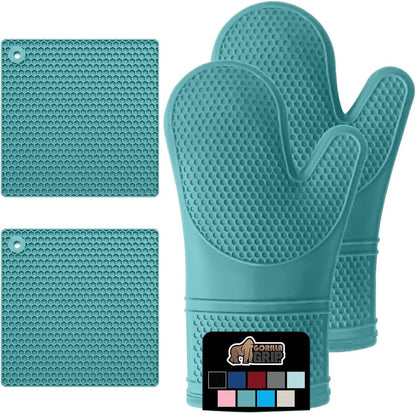 Gorilla Grip 4 Piece Silicone Oven Mitt and Trivets Set, Waterproof, Cotton Lined, BPA-Free, Turquoise