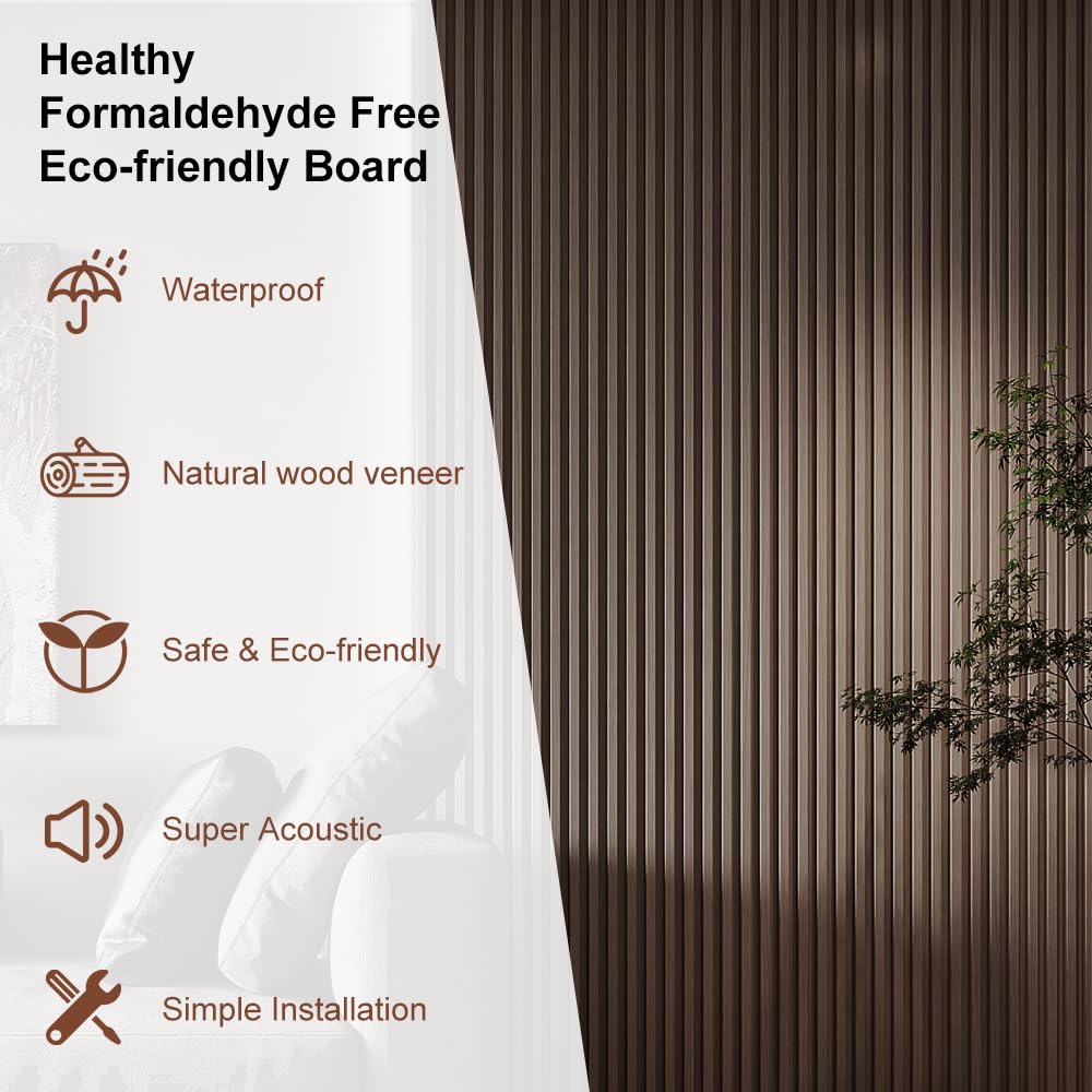 NovaGrid Board 4PCS Acoustic Wood Slat Wall Panels for Wall Decor and Ceiling 3D Fluted Sound Absorbing Panel Soundproof with Wood Finish 108"×6" (Walnut Brown)