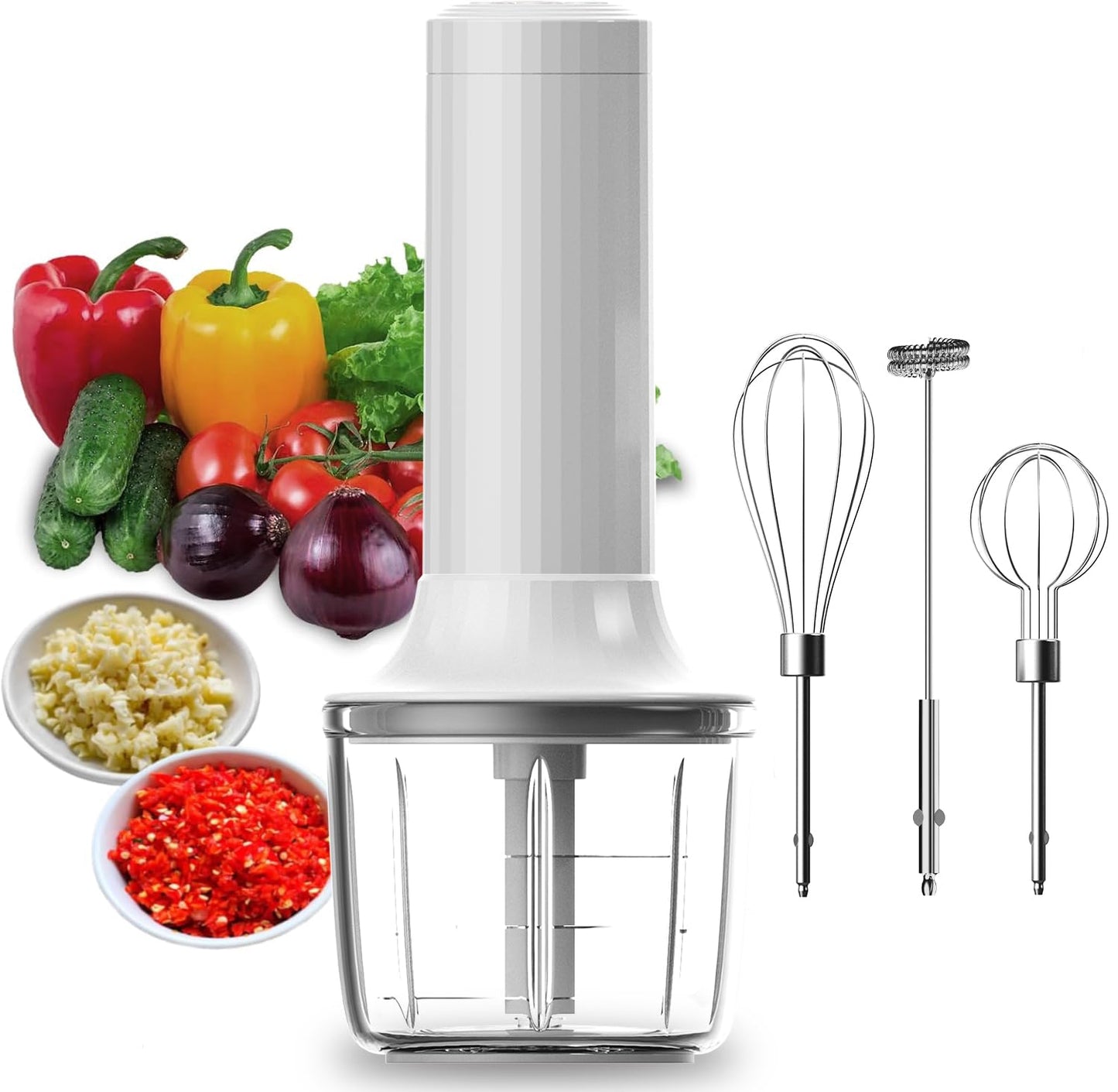 4-in-1 Electric Hand Mixer, Electric Whisk, Mini Onion Chopper 10Oz, Small Cordless Hand Blender, Milk Frother Wand for Coffee, Matcha, 4 Speed Rechargeable Food Processor for Baby Food Maker