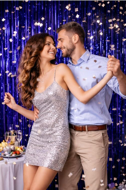 Metallic Foil Fringe Curtain Backdrop by [Brand Name] - Dark Blue | 3.2ft x 6.4ft Party Decor for Events