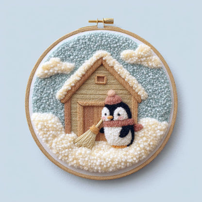 Punch Needle kit for Beginners, Punch Stitching kit for Adults Showing Penguin Outside Cabin – Cozy Needle Punch Kits for DIY