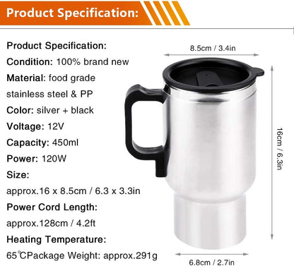 Keenso 12V Electric Car Cup Travel Heating Cup, 450ml Stainless Steel Electric Kettle Coffee Mug Heater