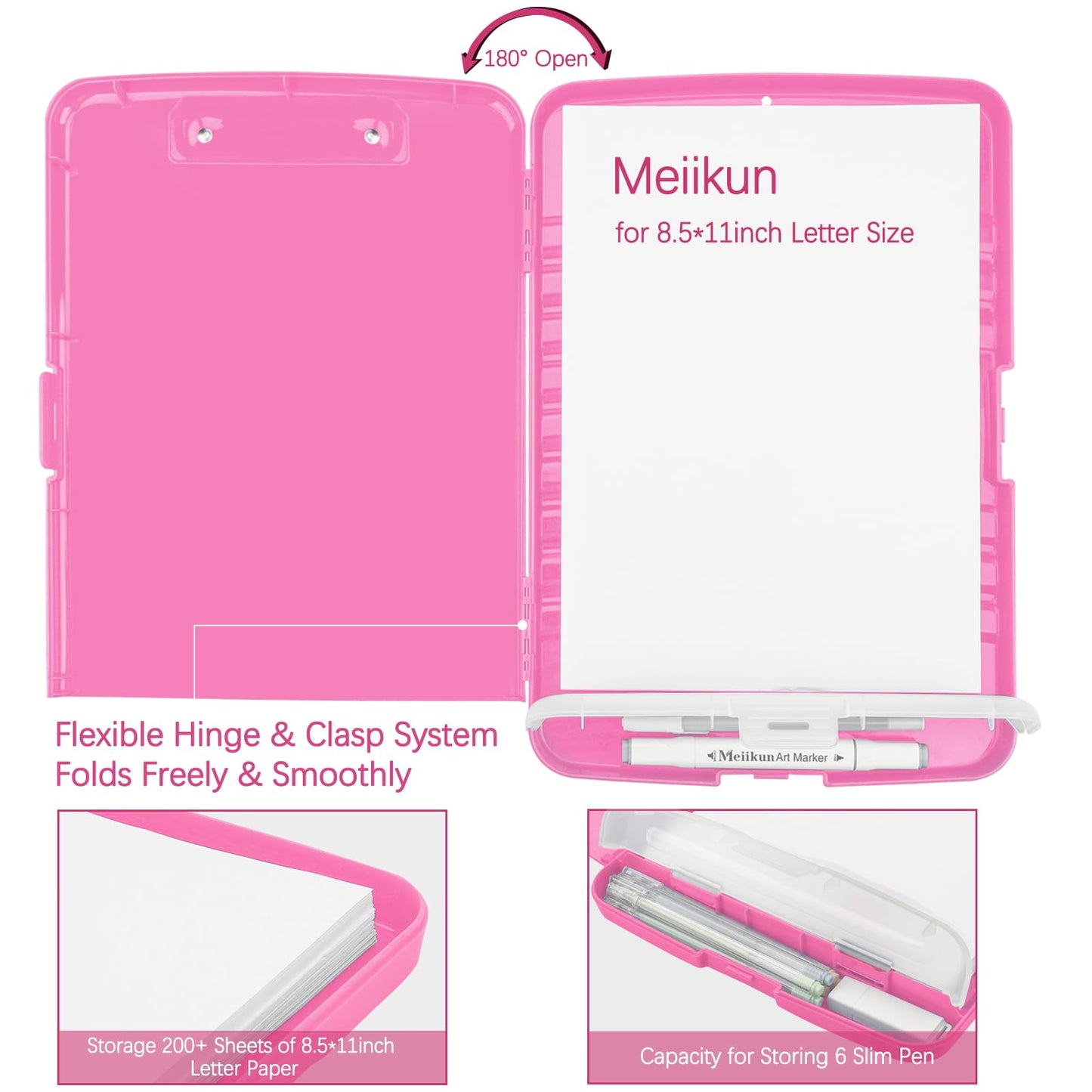 Meiikun Clipboard with Storage, Plastic Clipboards 8.5x11 with Pen Holder, High Capacity Nursing Clipboard Folder, Side Opening Storage Clip Board for Office Work Nurses Teachers (Pink)