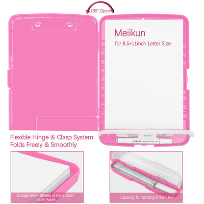 Meiikun Clipboard with Storage, Plastic Clipboards 8.5x11 with Pen Holder, High Capacity Nursing Clipboard Folder, Side Opening Storage Clip Board for Office Work Nurses Teachers (Pink)