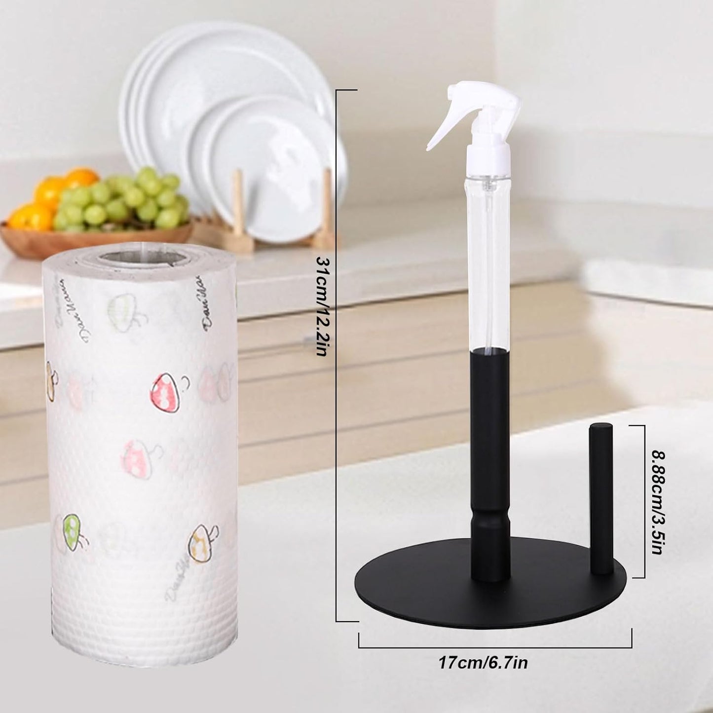 Stainless Steel Paper Towel Holder with Spray Bottle - One Hand Tear Stand for Kitchen Bathroom Countertop