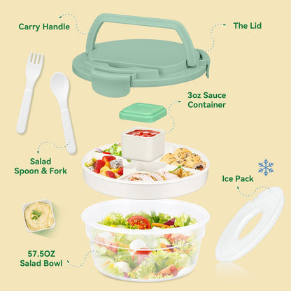 Reeple Salad Container for Lunch, Bento Lunch Box 58-oz with 4 Compartments Tray and Ice Pack, Leak-Proof Salad Bowl with Lid for Adults, BPA-Free Lunch Box for Meal Prep & Food Storage(Green)