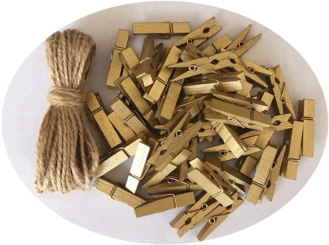 DurReus Small Wooden Clips, Cute 1.5 Inch Clothespin Photo Paper DIY Craft Holder with Jute Twine, Gold Pack of 50