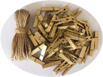 DurReus Small Wooden Clips, Cute 1.5 Inch Clothespin Photo Paper DIY Craft Holder with Jute Twine, Gold Pack of 50