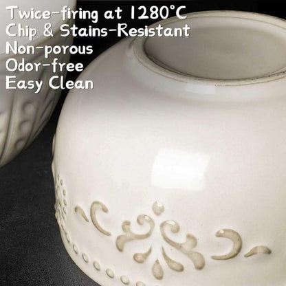 Artena Ceramic Dessert Bowls Set of 4 - 12 oz Embossed White Bowls for Ice Cream, Cereal & More | Microwave & Dishwasher Safe