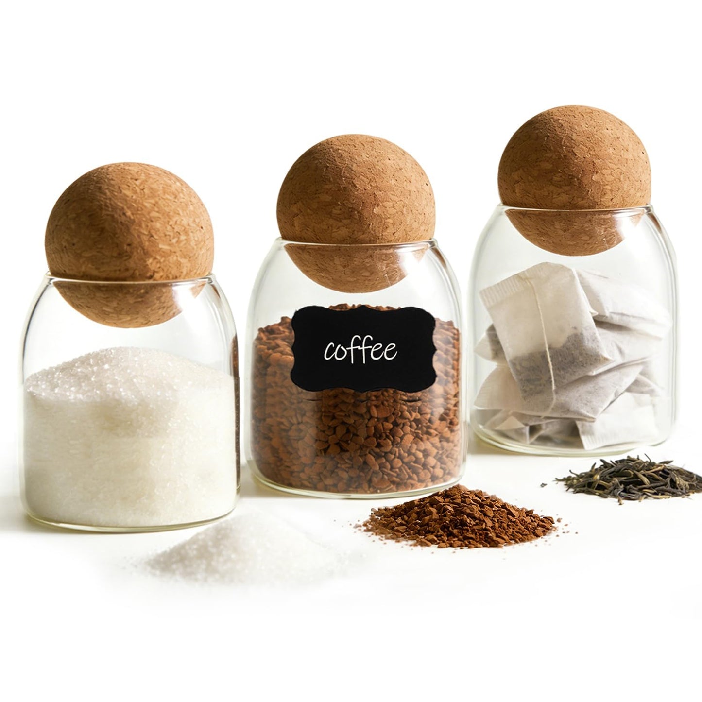 ComSaf 3 Pack 16oz Clear Decorative Glass Jars with Cork Ball Lid - Coffee Bar Kitchen Counter Bathroom Storage, Dishwasher Safe, Glass Canisters for Coffee Sugar Candy Storage - Home Decor & Gifting