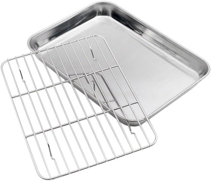 Baking Sheet with Rack Set, Stainless Steel Cookie Sheet and Cooling Rack, 10.5 Inch x 8 Inch x 1 Inch
