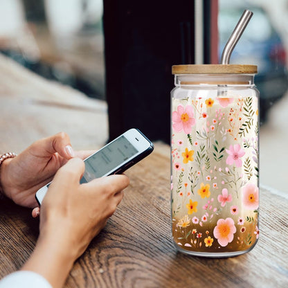 Floral 16oz Iced Glass Cups with Bamboo Lids and Straws Wildflower Coffee Cup Gift for Women Cute Flower Drinking Glass with Cleaning Brushes, Flower Gifts for Mother Birthday Bridesmaid Party