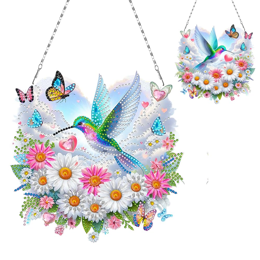 C'eitura Daisy Flowers Hummingbird Cloud Acrylic Special Shape Diamond Art Painting Hanging Pendant Kit - DIY Window Suncatcher for Home Wall Decor, Sparkling Garden Craft