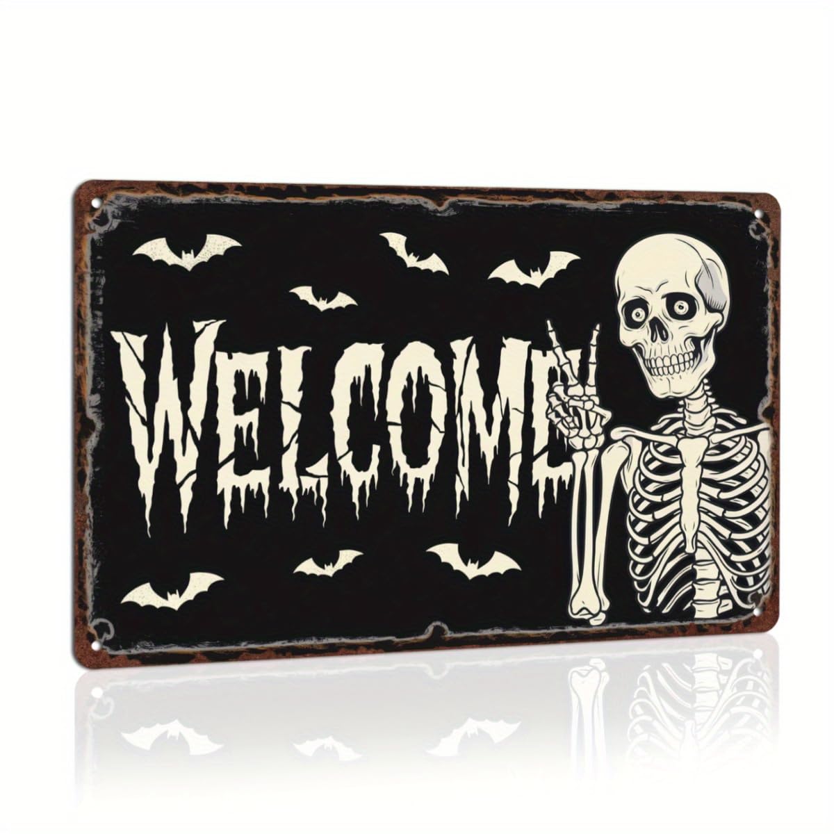 Welcome Skeleton Halloween Retro Metal Tin Sign Wall Art Decor for Front Door Home Farmhouse Halloween Party Indoor Outdoor 8x12 Inch