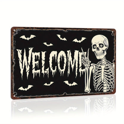 Welcome Skeleton Halloween Retro Metal Tin Sign Wall Art Decor for Front Door Home Farmhouse Halloween Party Indoor Outdoor 8x12 Inch