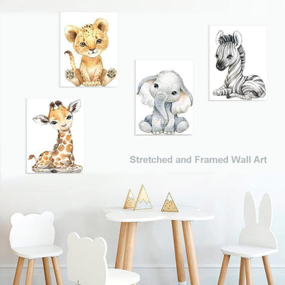 ANIUHL Nursery(Set 4, 8 10 inch) Woodland Animals Wall Art Framed Canvas Prints Watercolor Zebra Fawn Tiger Elephant