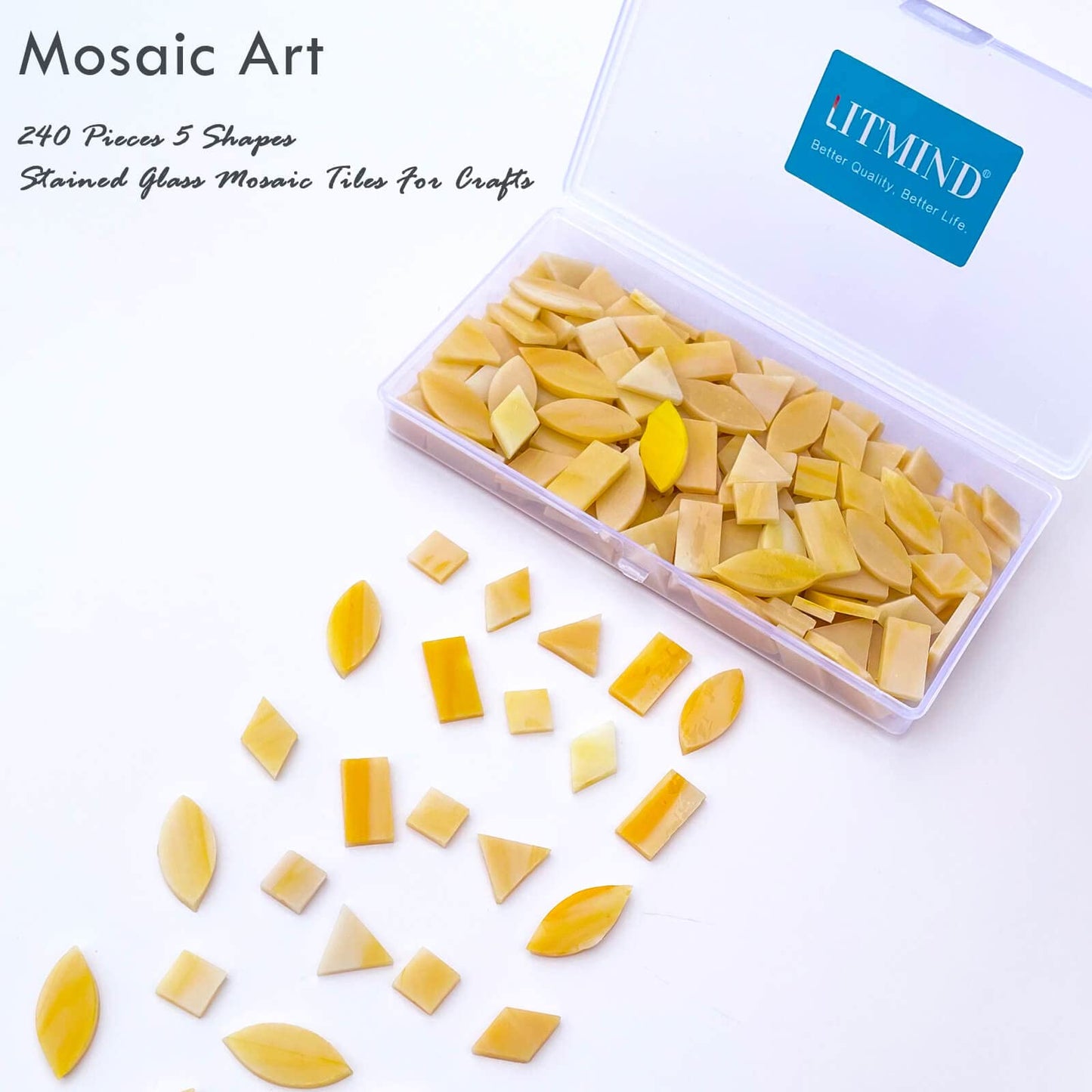 LITMIND Yellow Stained Glass Mosaic Tiles Kit for Crafts - 240 Pieces, 5 Shapes Mixed (Rectangle, Triangle, Rhombus, Square, Leaf) - Great for Mosaic Making Projects and Beginners