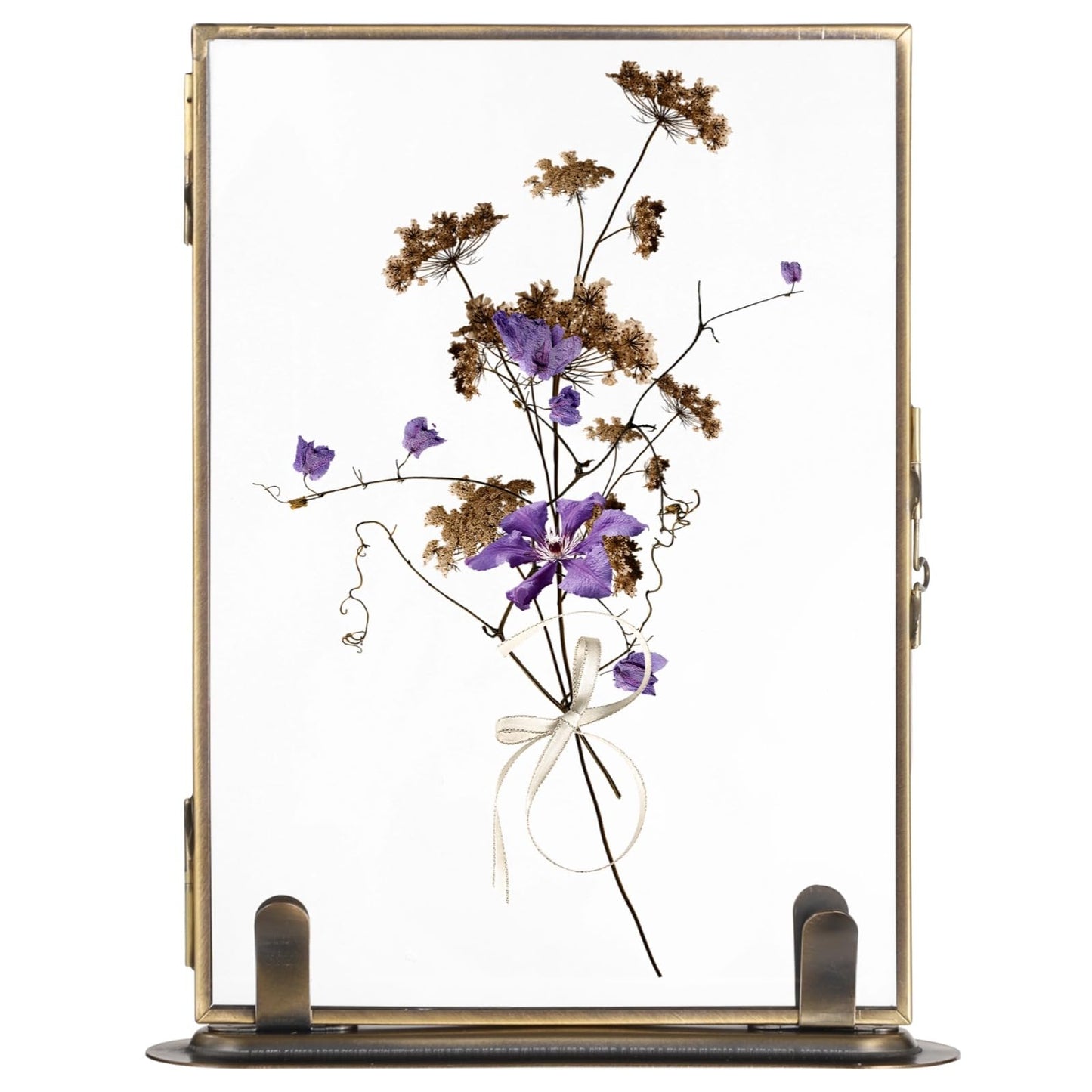 Vintage Floating Glass Frame, Tabletop Floating Picture Frame for Dry Flowers, Double Glass Pressed Flower Display Frame with Metal Base, Shelf Photo Frames for Home Office
