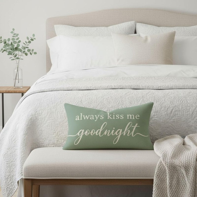 HERHOME Decorative Throw Pillow Cover 12x20 Inch, Always Kiss Me Goodnight Sage Green Lumbar Cushion Case for Bedroom Bed Sofa, Sweet Gifts for Couples Wedding Anniversary Spring Summer Home Decor