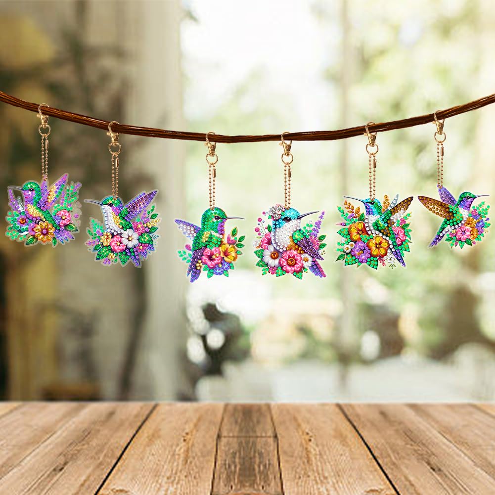 C'eitura 6Pcs Hummingbird Diamond Art Keychain Kits, DIY 5D Diamond Painting Ornaments for Kids & Adults, Handmade Creative Gift for Friends, Family