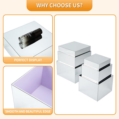 Silver Mirror Acrylic Display Risers, 6pcs Anti-Scratch Display Cubes, 4MM Thick Heavy Duty Square Boxes, Professional Showcase for Figures Statues Perfume Purse Jewelry Party Wedding Buffet Cake