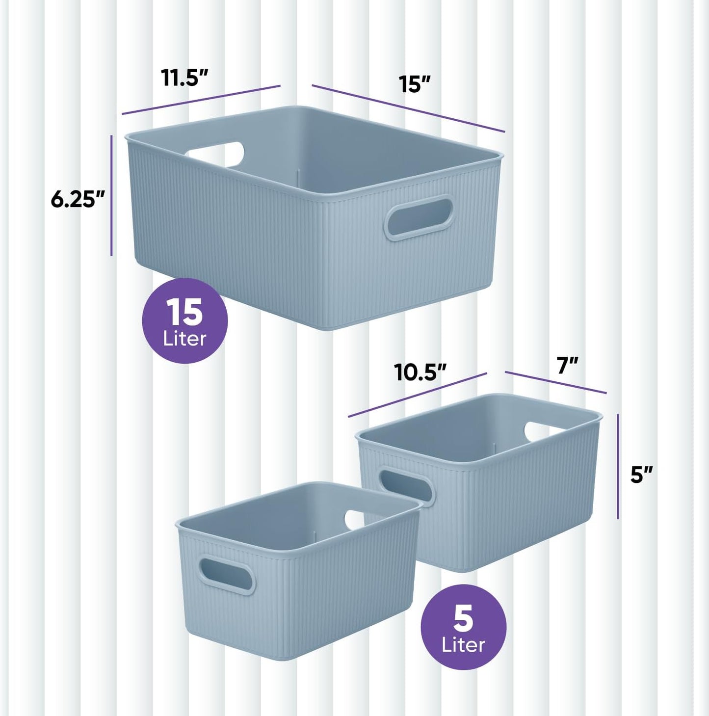 Superio Ribbed Collection Decorative Plastic Open Storage Bins, Blue (Set of 3), 1 Large, 2 Medium for Organizing