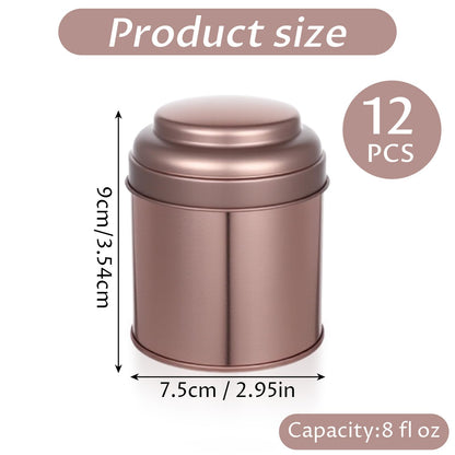 12 Pack Tea Tins Canister With Airtight Double Lids, 8 fl oz Round Mini Tea Storage Containers For Loose Leaf, Coffee, Spices and Sugar, Rose Gold