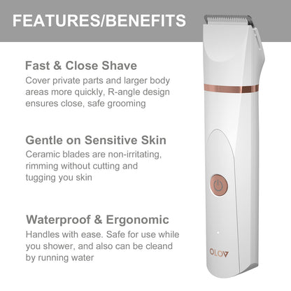 OLOV Electric Body Hair Trimmer - Groin Trimmer for Men - Bikini Trimmer Women - Wet/Dry Shaver Groomer, Replaceable Ceramic Blade Heads, USB Recharge Dock, Waterproof Hygiene Razor,Black