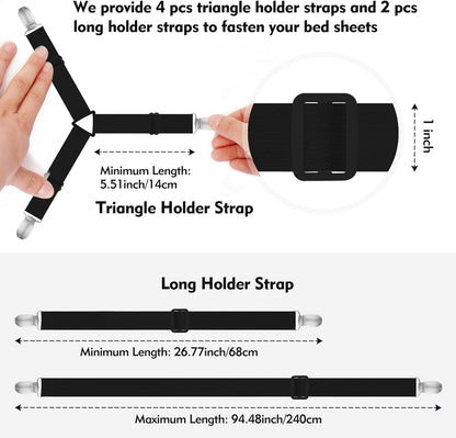 Bed Sheet Holder Straps, 4+2 Pcs Adjustable Mattress Sheet Clips, Elastic Fasteners to Keep Bed Sheet in Place