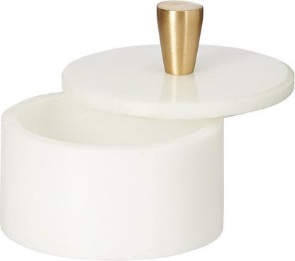 Queenza White Marble Salt Cellar with Lid and Brass Knob, 3 Inch Salt and Pepper Bowls, Kosher Salt Holder for Gifts