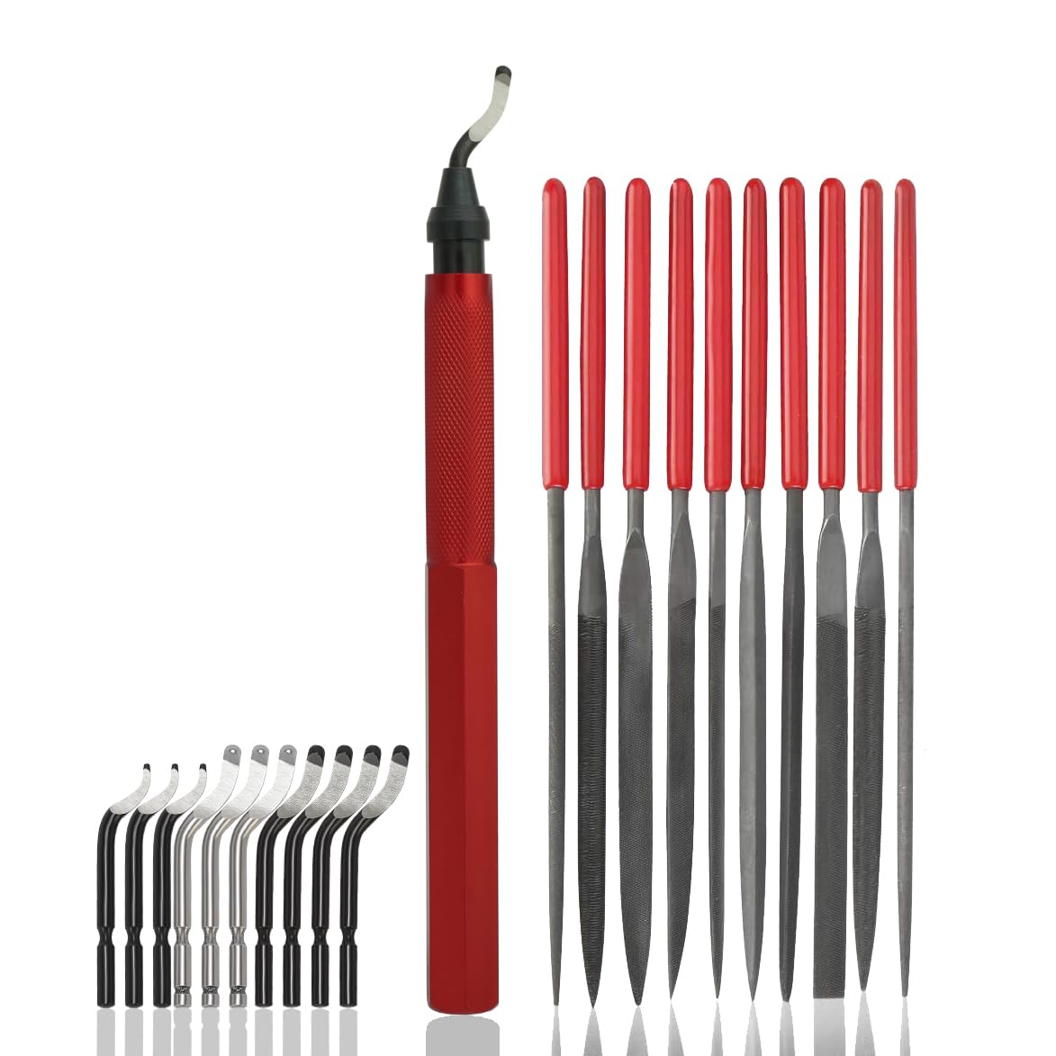 VASTOOLS Deburring Tool Kit,10Pcs Needle File,Metal Handle Deburring Tool for Metal Resin 3D Plastic Copper Aluminum Pipes Tube Hole with Extra 10pc Multiuse Blades Removing Burr