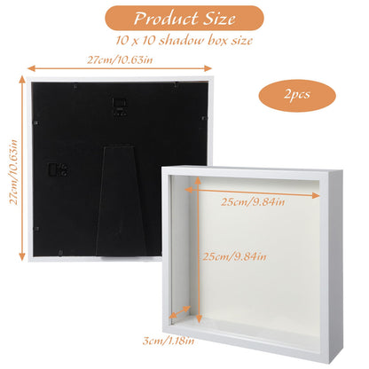 2 Pcs Shadow Boxes Display Cases, 10"x10" Deep Wood Glass 3D Shadow Box Set for Wall and Tabletop Baby Sports (White)
