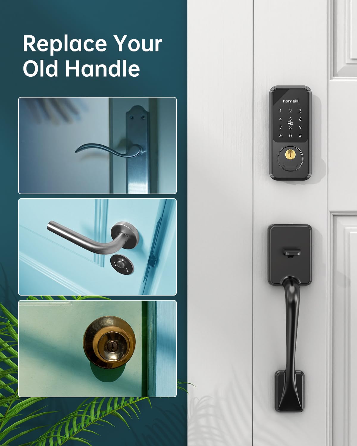 Keyless Entry Door Lock with Handles, Hornbill Smart Front Door Lock Set, Alexa Front Exterior Door Set, Digital Touchscreen via Bluetooth APP/Keyfob/Key-Matte Black(Not Compatible Gram/Screen Door)