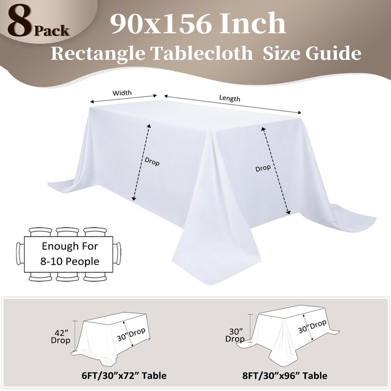 pepmily 8 Pack White Table Cloth 90x156 Inch Rectangle Tablecloths for 8 Foot Rectangle Tables, Wrinkle Resistant Washable Polyester Fabric Rectangular Table Cover for Dining Banquet Wedding Party